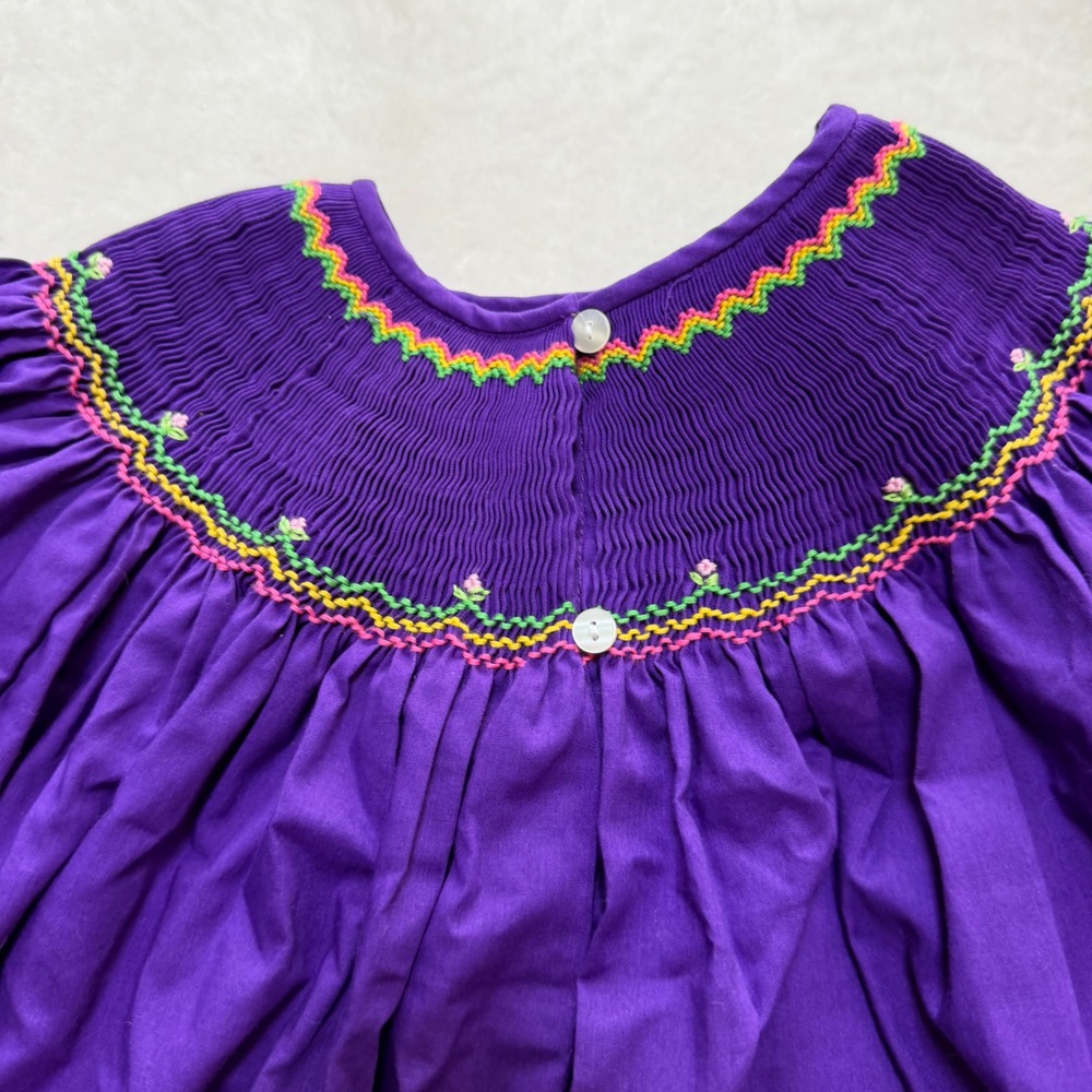 Rosalina Smocked Dress Girls 6Y Purple Fleur-de-lis Mardi‎ Gras Bishop Dress - Picture 4 of 7
